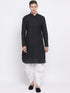 Vastramay Men's Black Cotton Linen Blend Pathani Kurta and White Dhoti Set